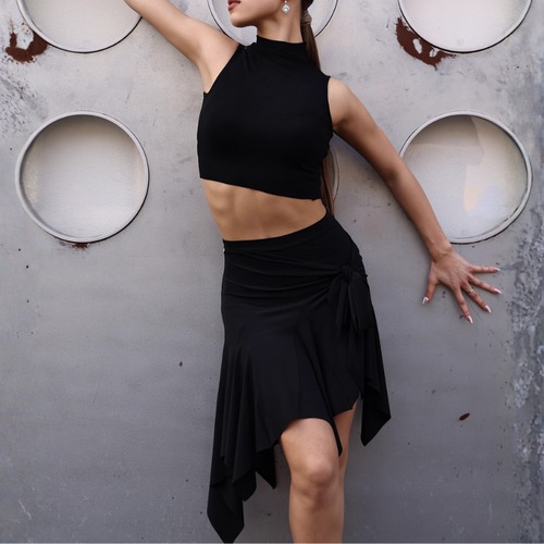 ハイネック オープンバック ノースリーブ アシンメトリー スカート SET 2col　D00469