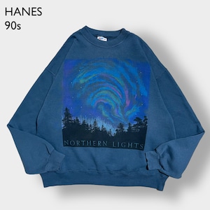 HANES 90s USA製 オーロラ プリント NORTHERN LIGHTS スウェットシャツ トレーナー プルオーバー カーキ系 ユニセックス XL ヴィンテージ  ビンテージ オールド US古着