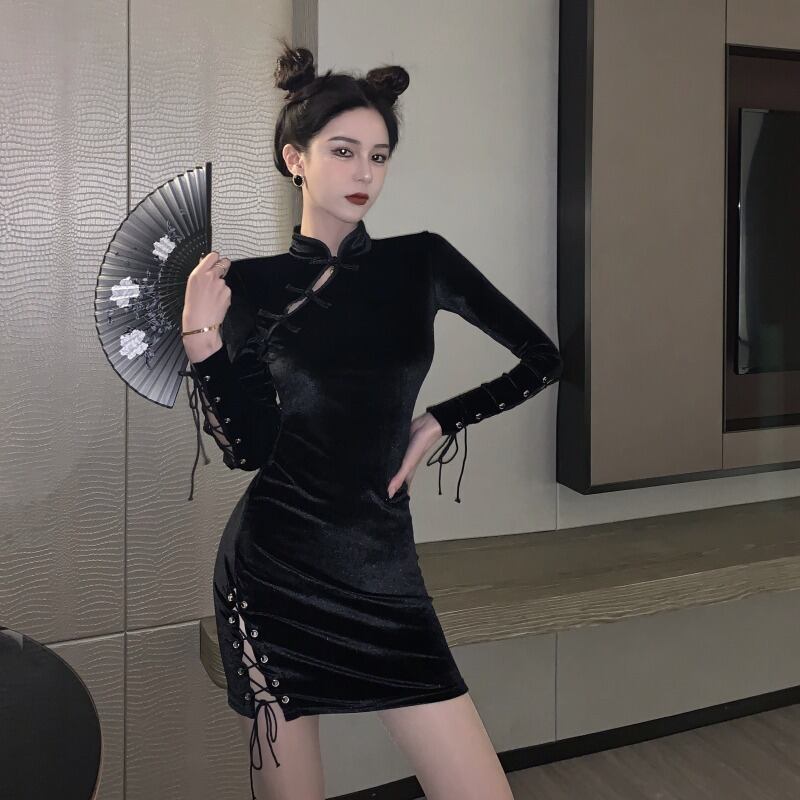 ドレス スタンダードブラックベルベットショートスカート スプリング ロング レトロ 春物 ブラックストロベリース22651676686