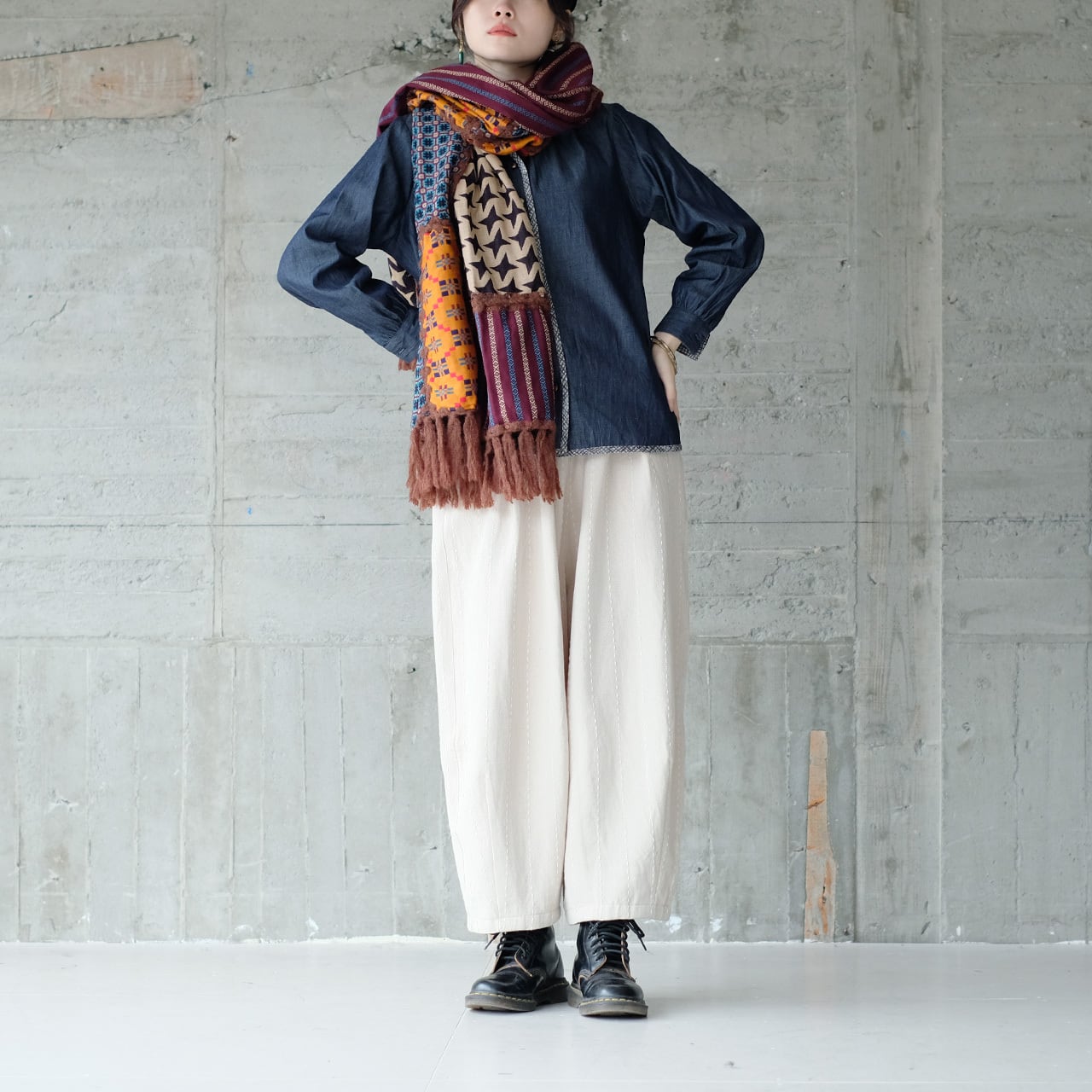 復刻再販】主役級マフラー！柄生地パッチワーク大判ストール（22w-18