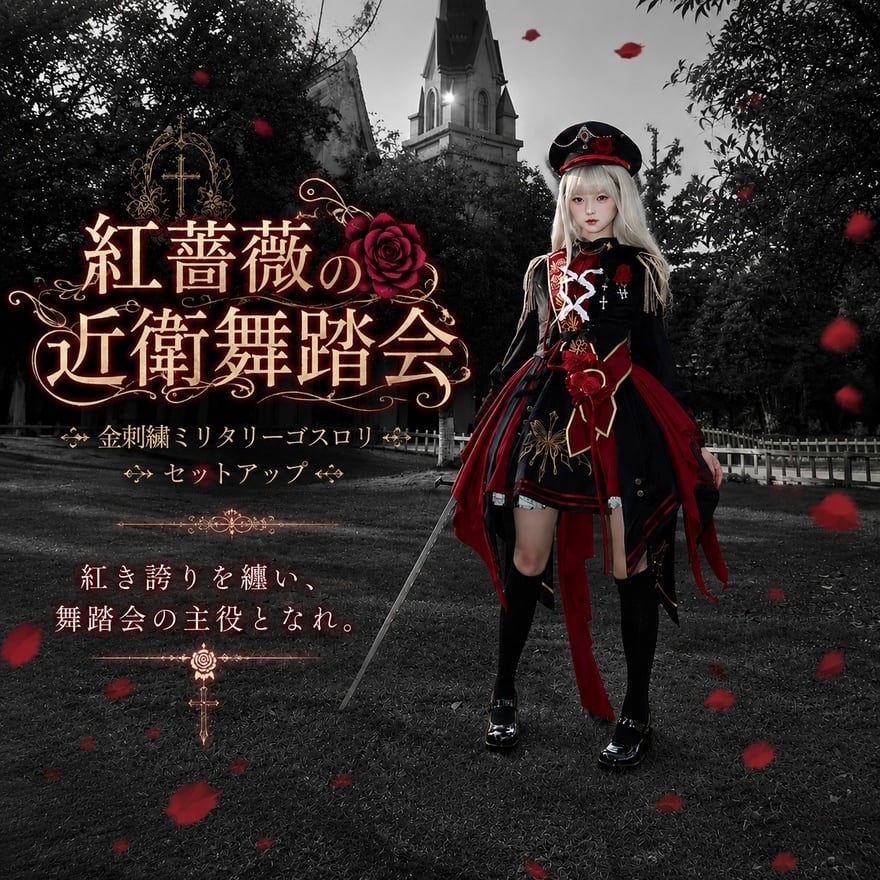 紅薔薇の近衛舞踏 金刺繍アシンメトリーの軍服ロリータセットアップ