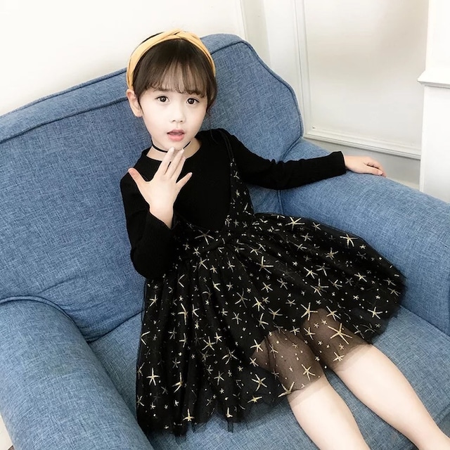 送料無料 ワンピース 女の子 長袖 春秋冬 子供 キッズ チュールドレス 長袖ワンピース 星柄 子供ワンピース キッズドレス チュールワンピース Primarc