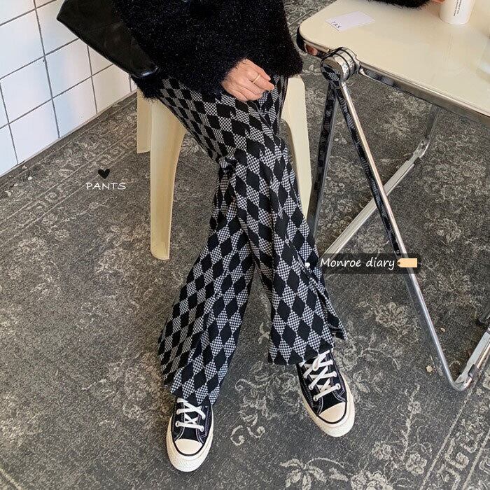 ルーズパンツ ハイウェストウェスト薄手格子柄カジュアル レッド モンロー7508857971