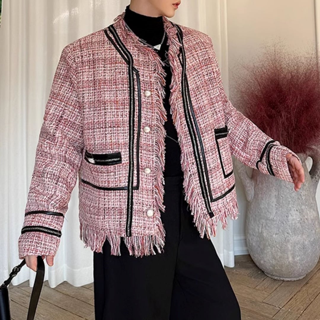 フリンジエッジ ノーカラーツイードジャケット D11285 | 韓国メンズ