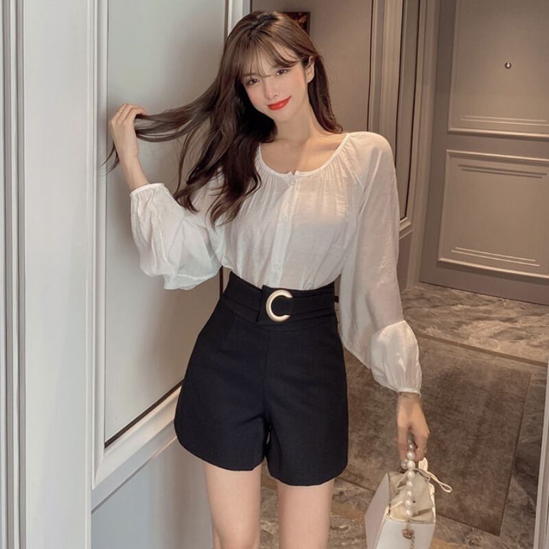 レディースラウンドネックシャツ トップス ハイウェストウェストルーズワイドレッグショーツ ブルマー Oネック ワイドパンツ ハンチェンe12003947051