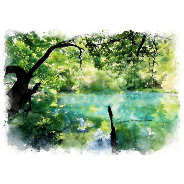 絵画(風景画) 日本 山形県 青い水を湛えた丸池様 インテリアアート額付き 水彩画・油絵調 WAT1227