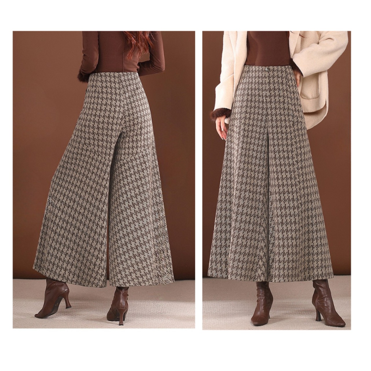 千鳥格子柄 ワイドガウチョパンツ W01379