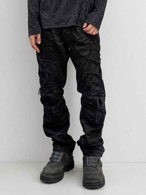 "SMOKE RISE" hand craft damage pants