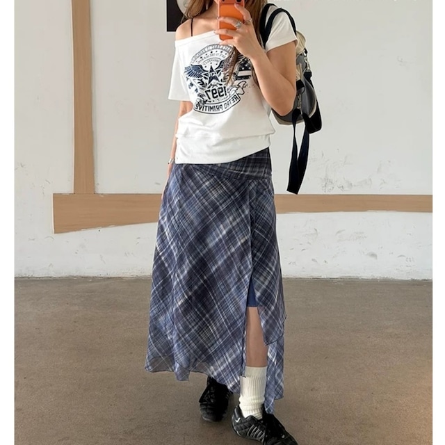 ワンショルダーレトロエンブレムグラフィックTシャツ 2col R02446