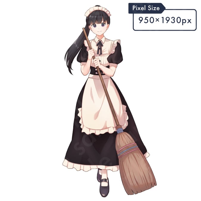 立ち絵素材】大人しく真面目な雰囲気のメイド服を着た黒髪ポニーテール