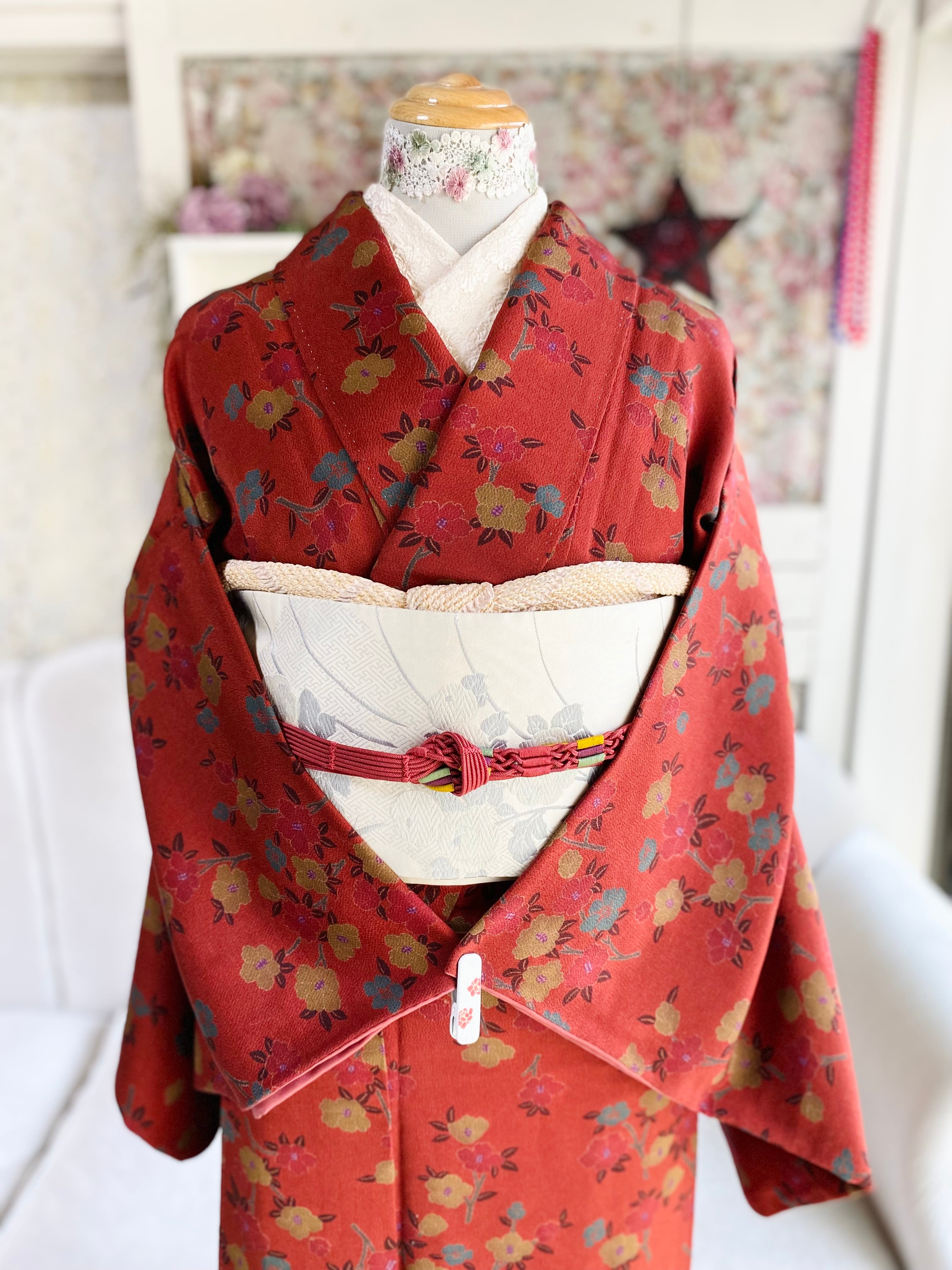 【椿 正絹 縮緬小紋 着物】