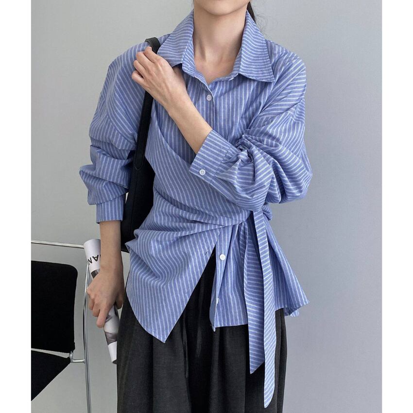 waist-ribbon stripe shirt　J00495