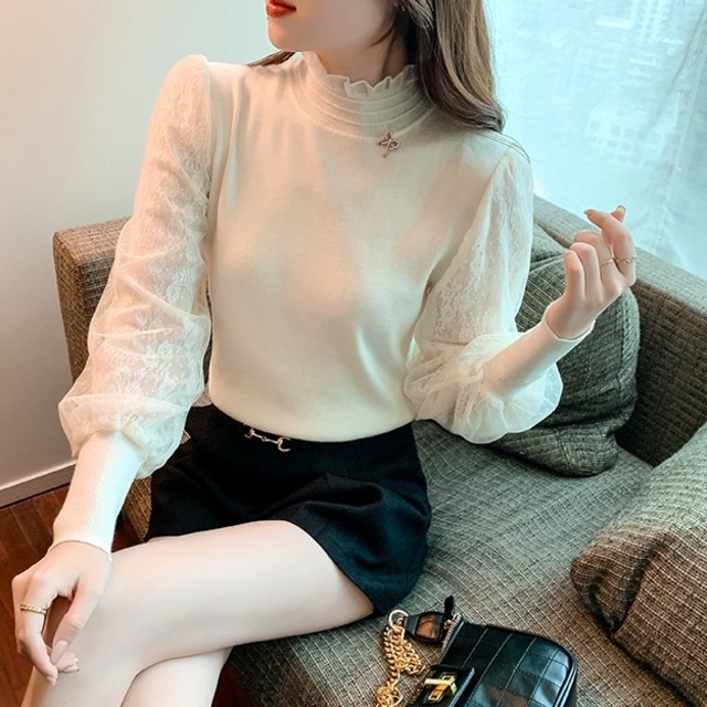 トップス ニットソー セーター プルオーバー 袖あり 長袖 ボリューム袖 パフスリーブ ハイネック スタンドカラー ストレート Iライン 切り替えデザイン ドッキング レース フリル クロシェ 透け感 シースルー かわいい きれいめ 上品 おしゃれ お洒落 レトロ 大人可愛い 大人女子 こなれ感 マニッシュ キュート ガーリー エレガント モダン 存在感 抜け感 無地 秋 20代 30代 デート お出かけ モテ S M L XL 2XL 白 ホワイト