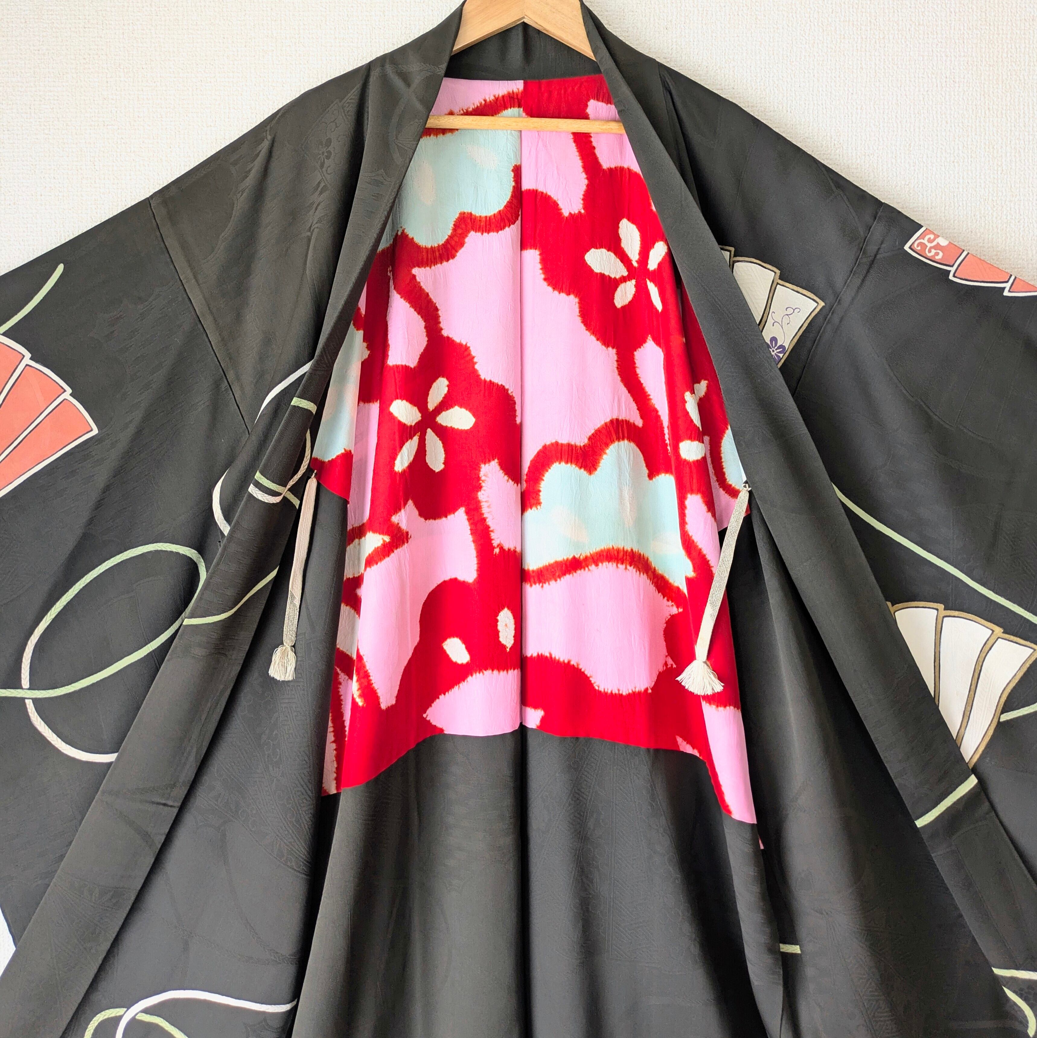 Antique】HAORI 長羽織 羽織 正絹 黒 絵羽織 舞扇柄 大正浪漫 古布