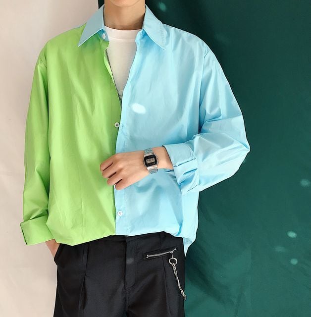 人気品！ THE STYLIST JAPAN 長袖 シャツ グリーン 緑 M 予約販売】シャツ 長袖 メンズ オーバーサイズ バイカラー ツートン