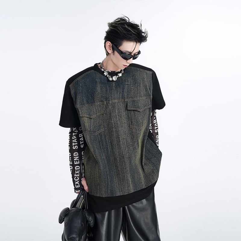STARTEXCEEDEND 半袖 Tシャツ ライン ヴィンテージ ストリート STARTEXCEEDEND肩パット入りデニム切替Tシャツ | mblueshop