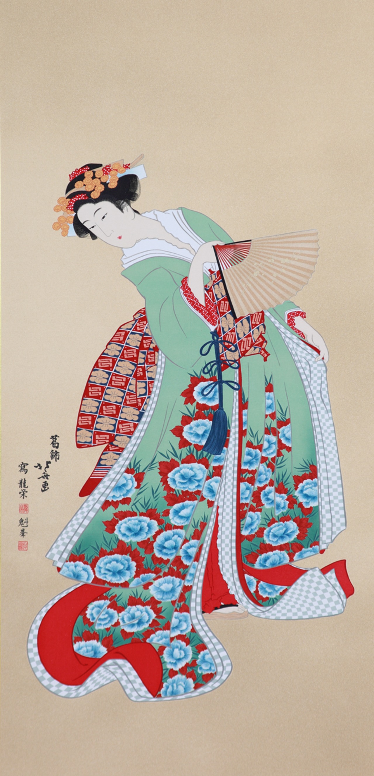 友禅浮世絵屏風 『北斎六美人競べ』（二曲一隻）