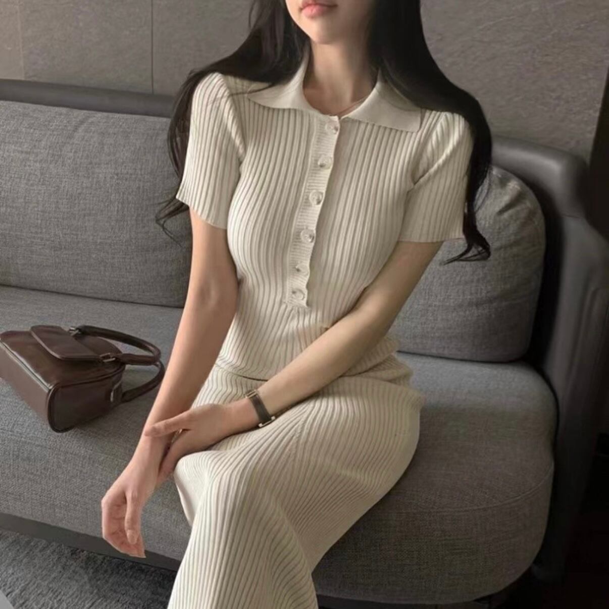 リブデザインカラーロングワンピース