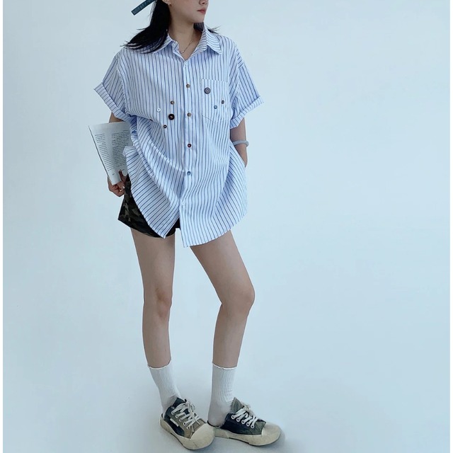 blue stripe multi-button short-sleeve shirt　ブルーストライプマルチボタン半袖シャツ　J2090