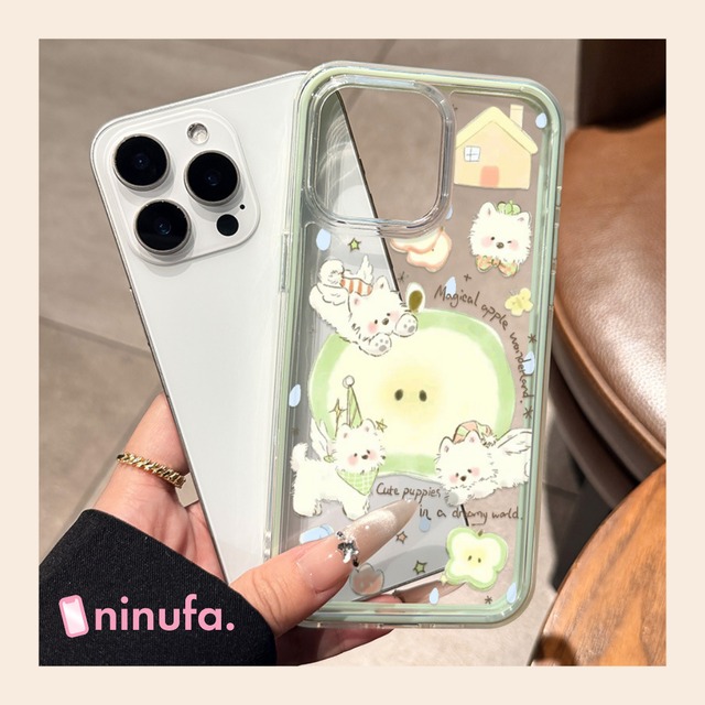 【iPhone17~11まで対応】癒されるパピー×グリーンアップル◎かわいい クリアケース ワンちゃん 青りんご 子犬 スマホケース ND-16684