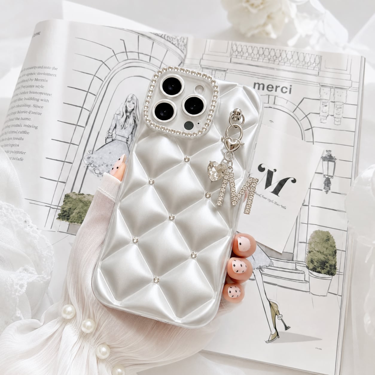クレールグロウイニシャルiPhoneケース|パールシルバー