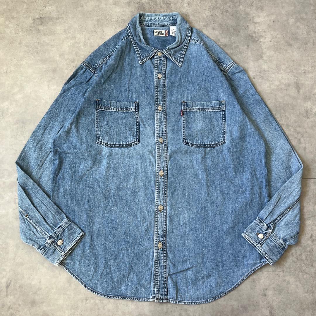 Levis リーバイス デニムシャツ 古着 Wポケット 無地 L 青 17246