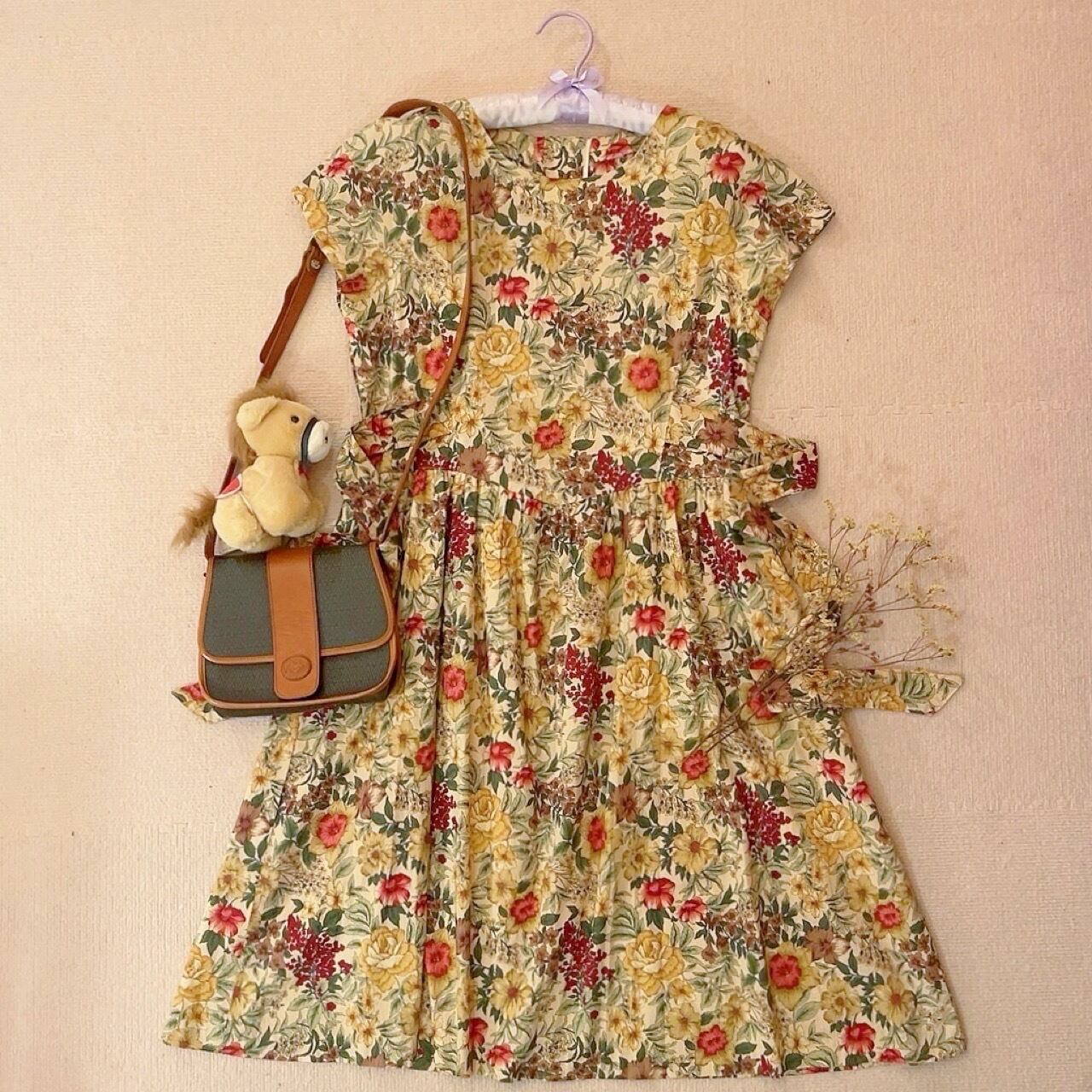 botanical flower waist ribbon one-piece