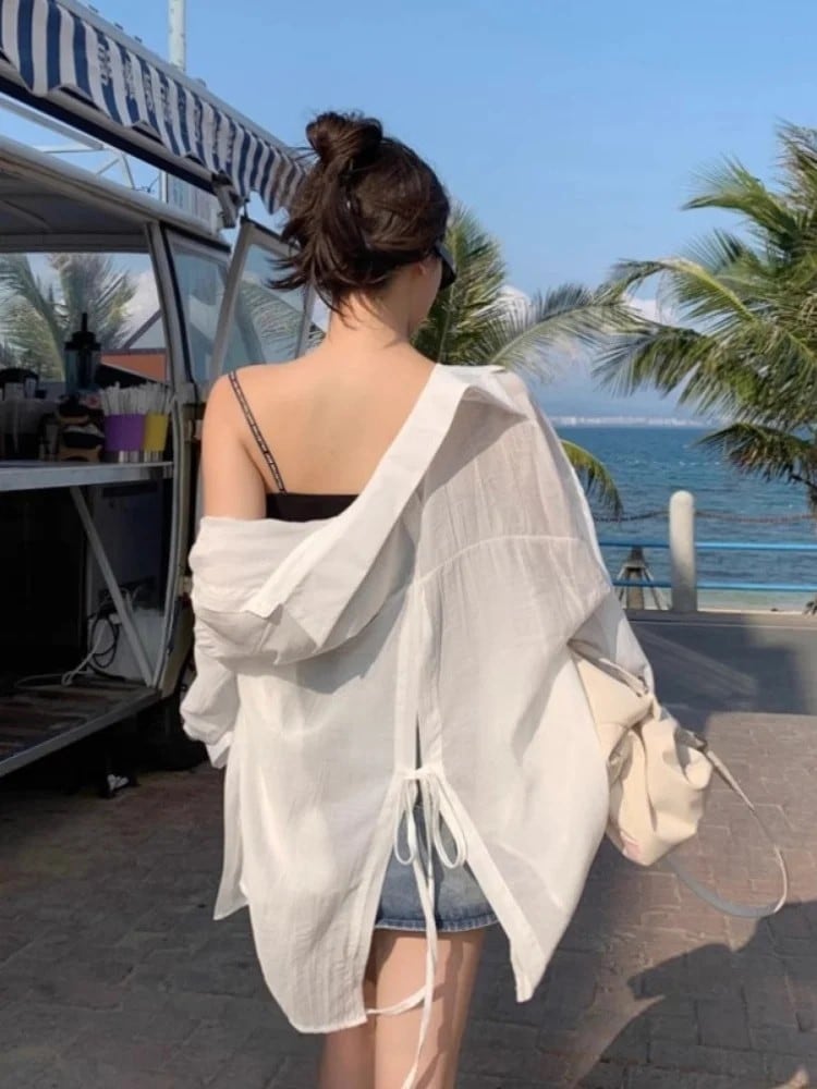 レディース 薄手シフォンUV対策シャツ バックレス ベルト付き 長袖 ポロ襟 夏