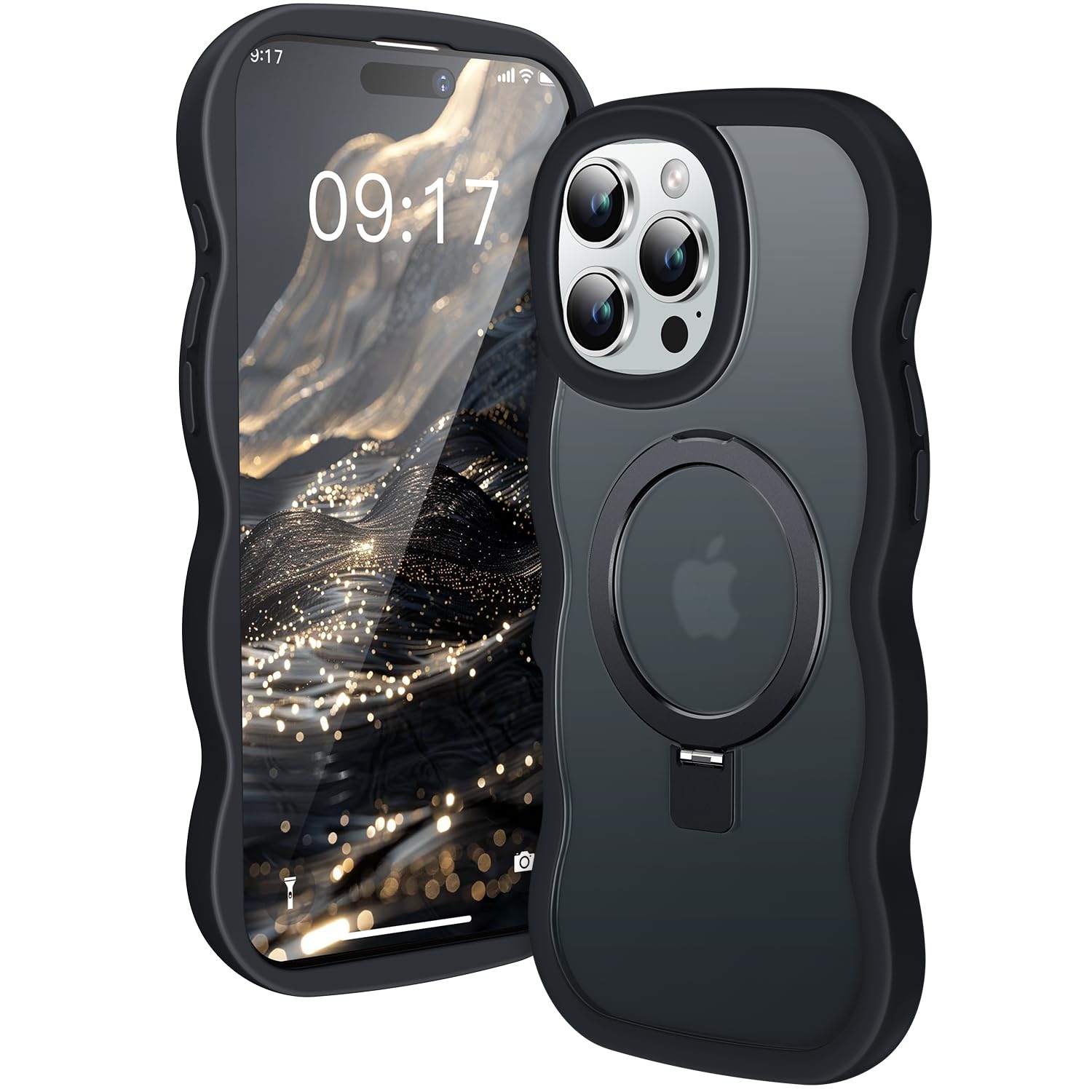 iPhone 16 Pro 用 ケース ウェーブ MagSafe対応 マグネットスタンド かわいい うねうねフレーム 半透明マット背面 米軍MIL規格 耐衝撃 落下防止 ストラップホール付き おしゃれ スマホケース アイフォン 16 プロ カバー 「ブラック」