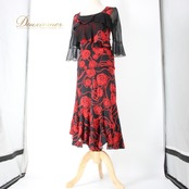 社交ダンス 衣装 スタンダード 上下セット ツーピース レッスンウェア パーティ衣装 ICHIOKU イチオク 赤 黒 レッド系 ブラック系 花柄 薔薇 バラ アシンメトリー デザイン エレガント 花モチーフ ダンスウェア 高品質 ポリエステル レッスン用 フィット感 ストレッチ性 着心地抜群 おしゃれ 大人用 モード カジュアル 発表会 フォーマル レディース