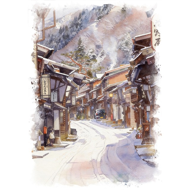 絵画 日本 長野県 中山道 奈良井宿の風景 インテリアアート額付き 水彩画・油絵風 WAT0071