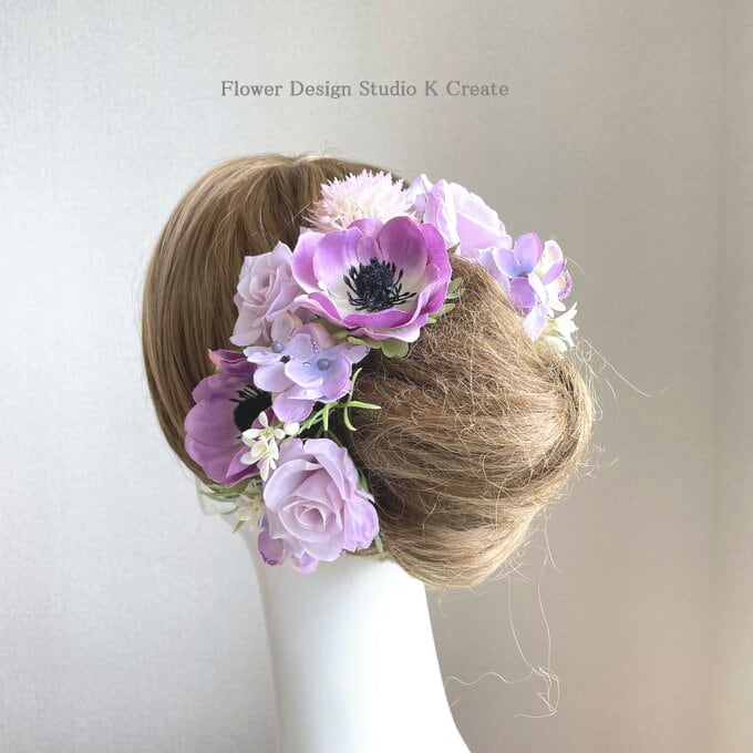 秋色の薔薇とアネモネのヘッドドレス モーブピンク ラベンダー色