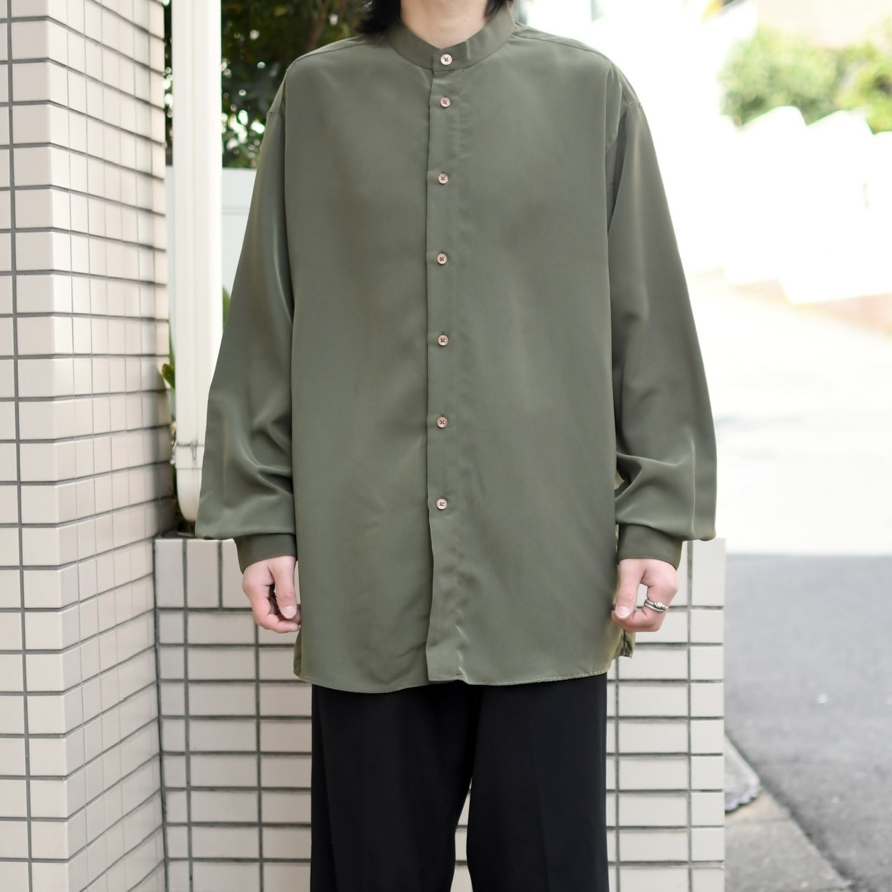 terracotta button band collar shirt