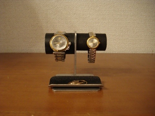 ハンドメイド　腕時計　飾る　左男性用、右女性用トレイ付きブラック腕時計スタンド　No.130226