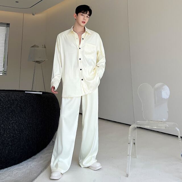 予約販売】メンズ セットアップ 上下 パンツ 長袖シャツ サテン 無地