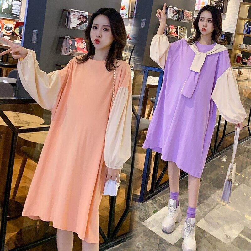 【新作】【送料無料】 1998＃マタニティ服春秋コットンパッチワーク長袖ルーズスタイリッシュドレス妊婦ママドレス ロング スプリング 春物 オータム 秋物 AL expec381141223404
