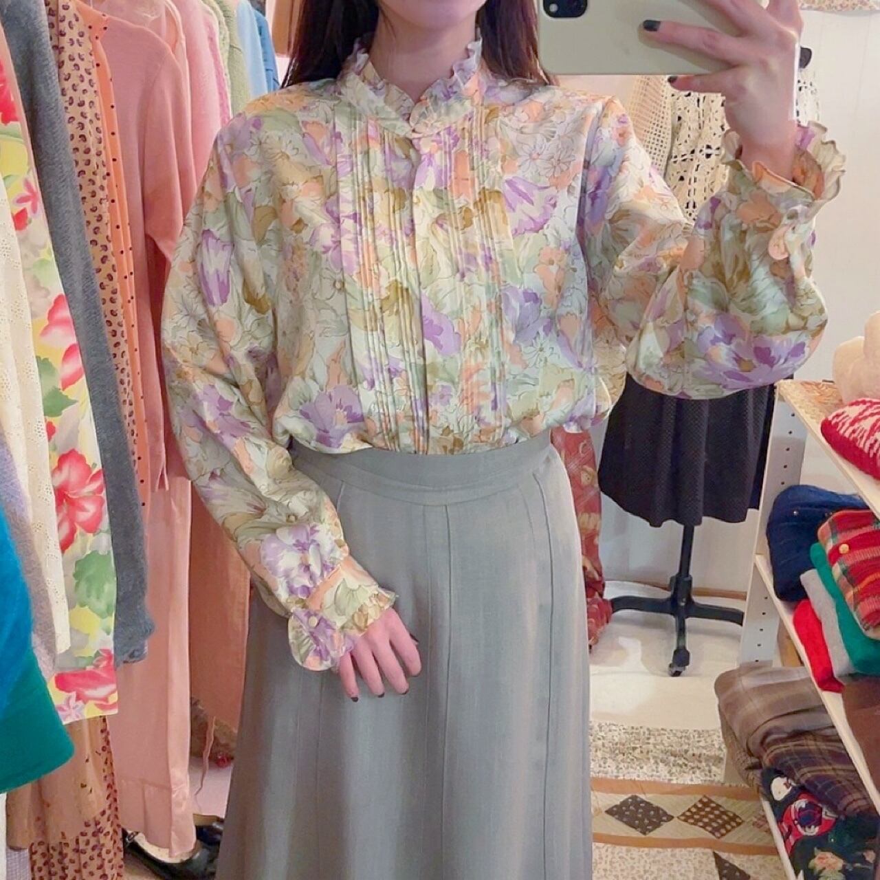 watercolor flower frill stand coller blouse