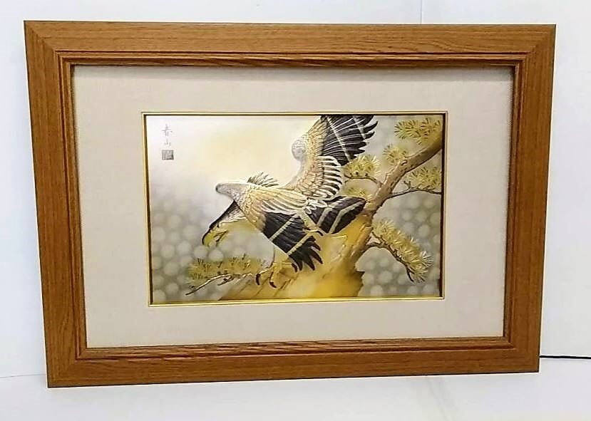 春山「鷲」 彫金額 額縁外寸67.5x48.0x4.5㎝ 絵40.0x25.2㎝[k 春山「鷲」 彫金額 額縁外寸67.5x48.0x4.5㎝ 絵40.0x25.2㎝[k