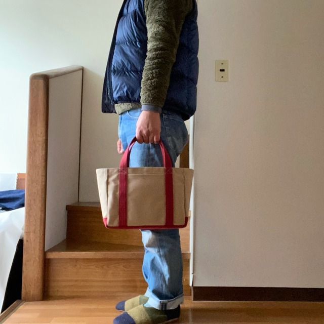 「軽いボックストート」小サイズ「カフェオレ✕バーガンディ」／アルマダ8号帆布【受注制作】