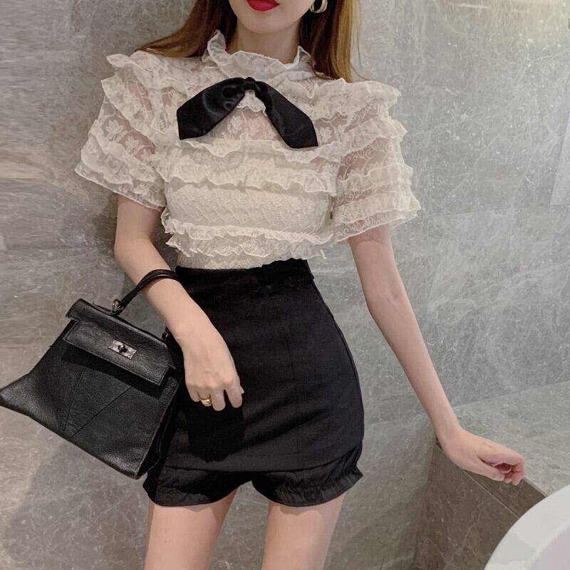 スタンダードリボンレースシャツ ハイウェストウェストFlowerデザイン ショートスカート サマー レトロ 夏物 フラワーデザイン ガールズファッション32067182109