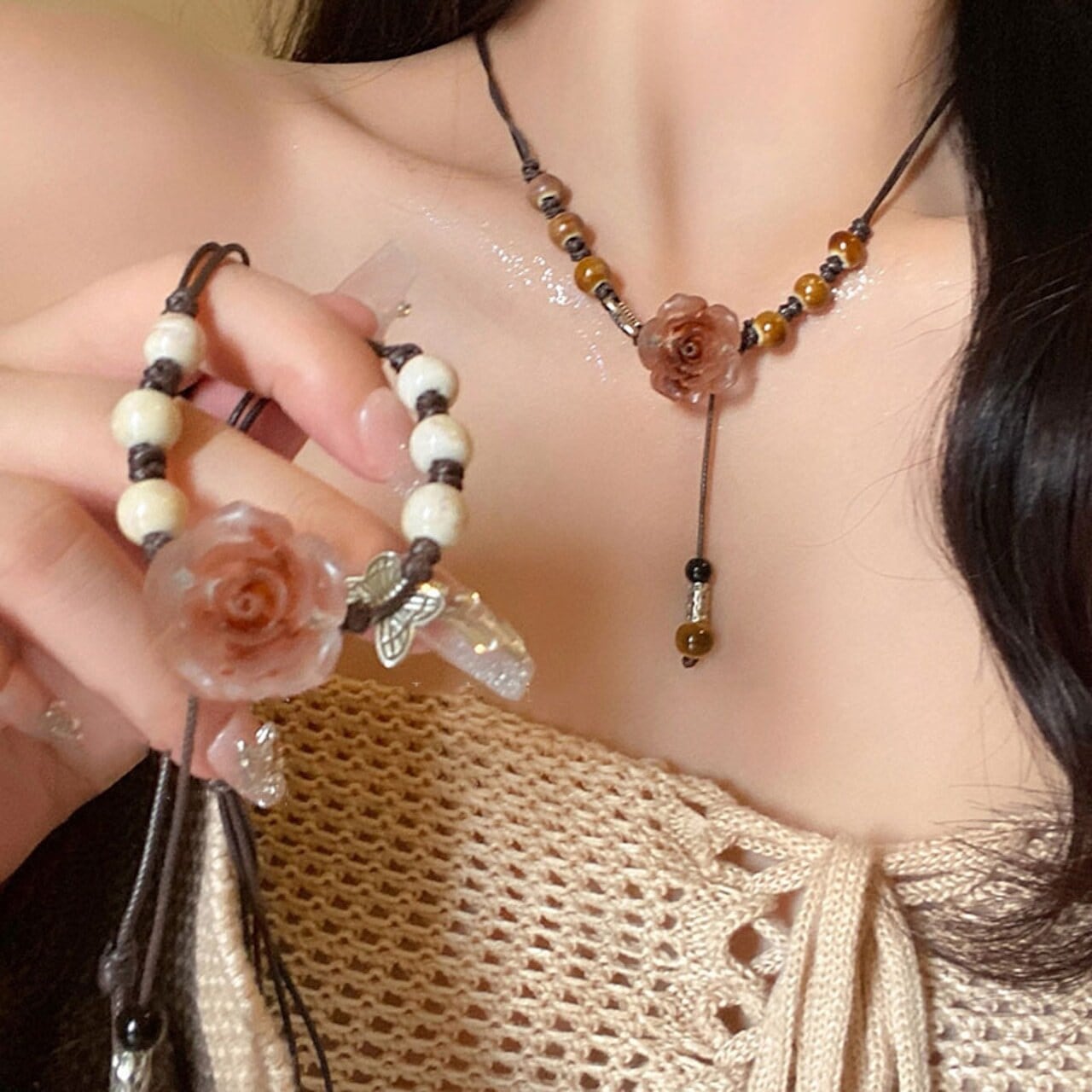 zhajianセラミックローズ編み込みネックレス