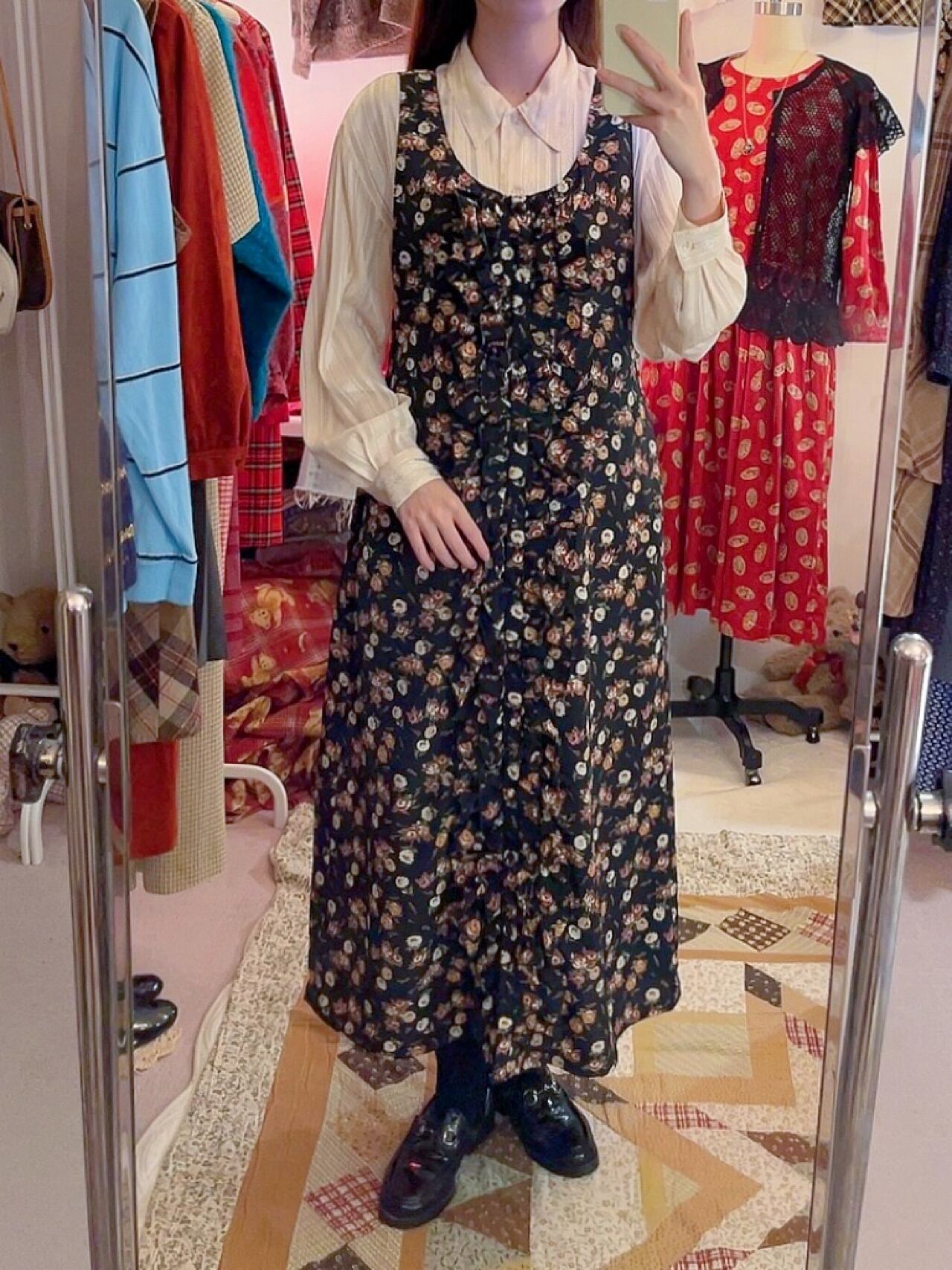 black flower frill button jumper skirt