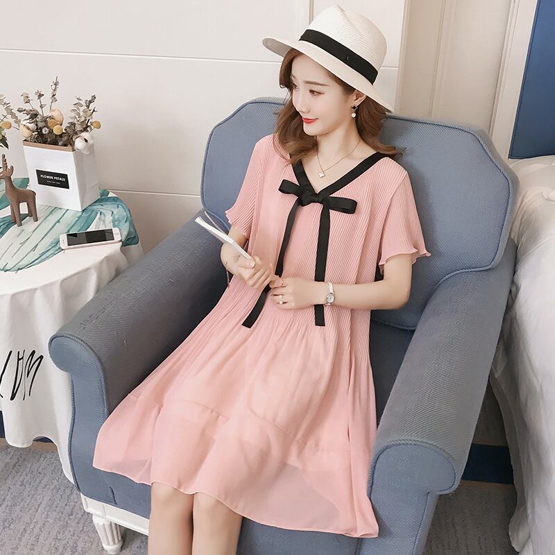 【新作】【送料無料】 マタニティドレスサマーシフォンルーズプリーツボウピンク妊娠中の女性のドレス妊娠中の服Vestidos リボン 夏物 AL expec35834704910