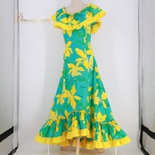 フラダンス 衣装 MermaidLine MMJ マーメイドライン エムエムジェイ ワンピース ドレス グリーン系 フリル 緑 黄 花 花柄 鮮やか 日本製 かわいい フラ ダンス ダンス衣装 イベント ステージ ハワイアンプリント アロハ イエロー系