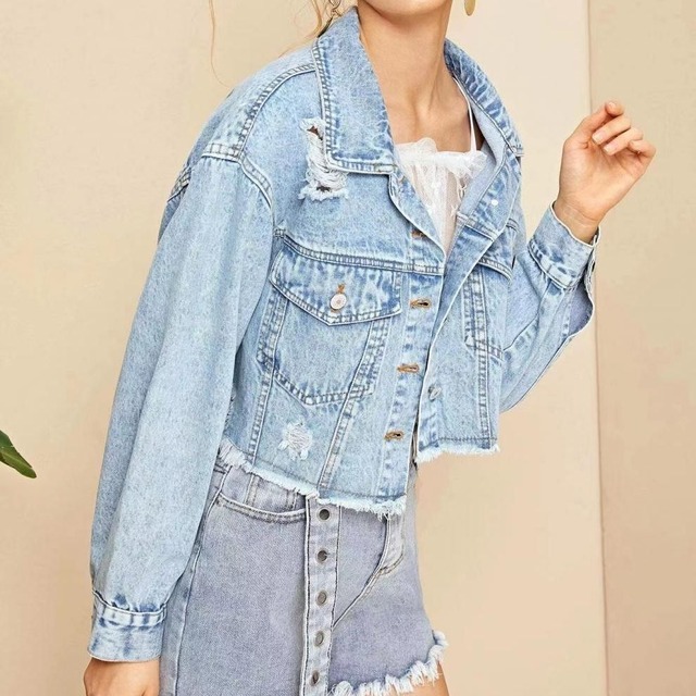 3カラー デニムジャケット カットオフ加工 ダメージ加工 クロップド丈 