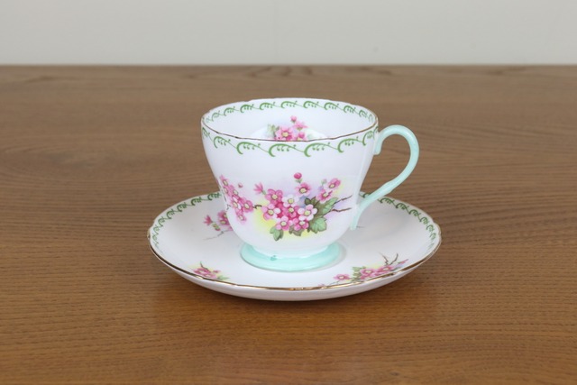 シェリー　デュオ　カップ　花柄　グリーン　Shelley　ヴィンテージ　食器　イギリス　て9