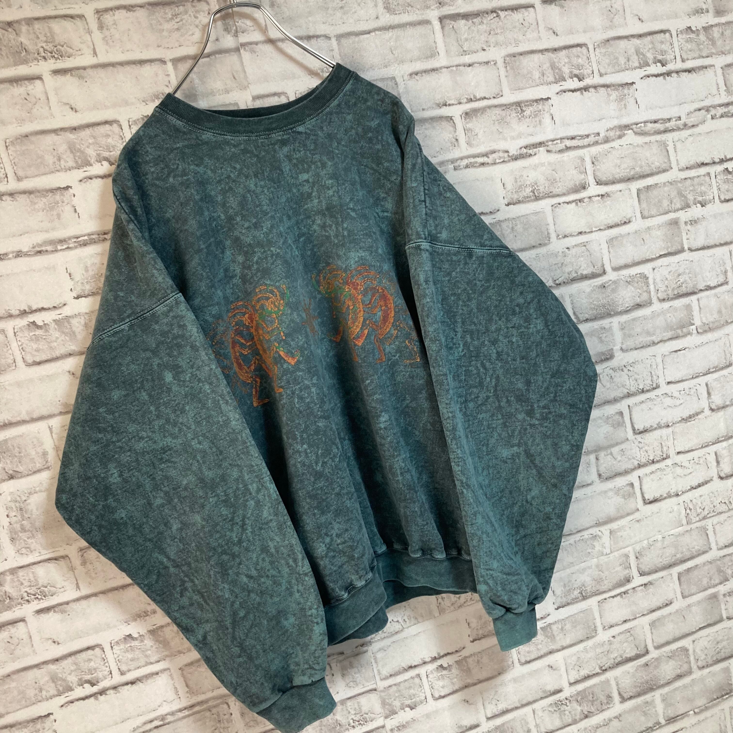 【Hanes】ULTIMATE COTTON L/S Sweat XL 90s Made in USA “STONE AGED ROCKWEAR”  アート系 タイダイ染 スウェット トレーナー USA製 アートプリント 肉厚 アメリカ USA 古着