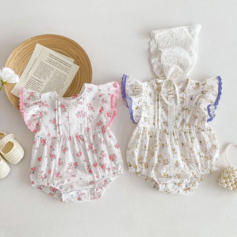 【BABY】フリル袖花柄ロンパース