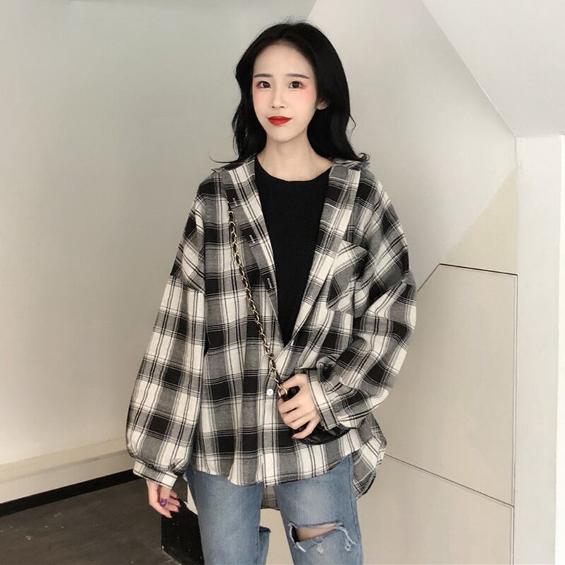 オータムシャツ スタンダード格子柄ジャケット トップス ロング レトロ 秋物 1号婦人2233349093
