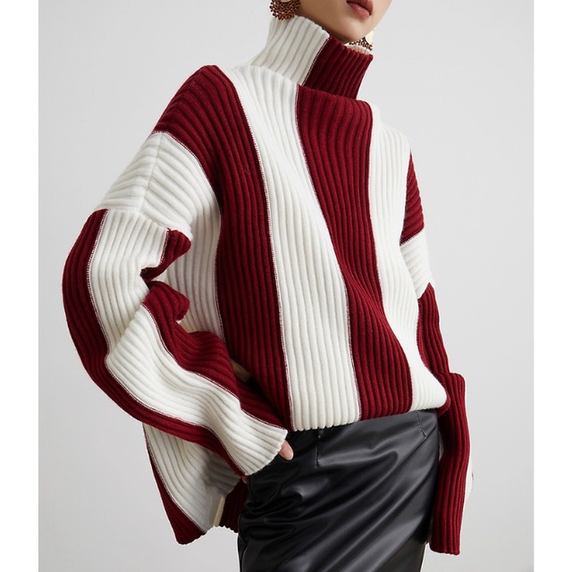 ストライプワイドリブルーズニットプルオーバー［S-XL］